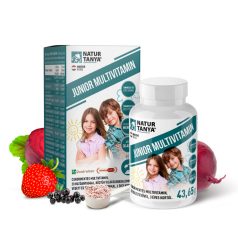    Natur Tanya® JUNIOR MULTIVITAMIN – Cukormentes, adalékanyagmentes, gyerek multivitamin. 20 féle szerves tápanyag, fekete bodza, céklalé por, természetes és finom eper ízben, 3 éves kortól