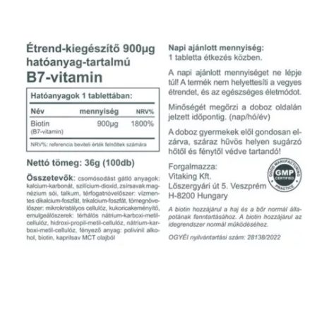 Vitaking B7 Vitamin Biotin 900 ug 100db