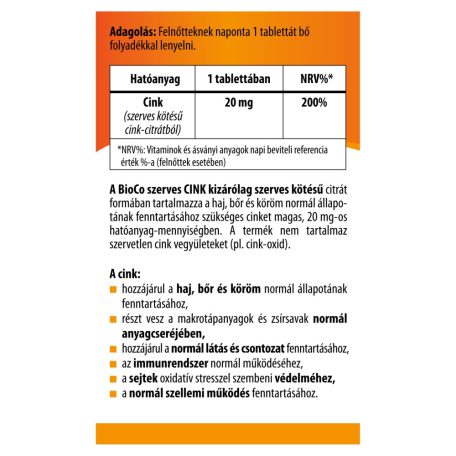 BioCo szerves Cink tabletta 20mg 60db