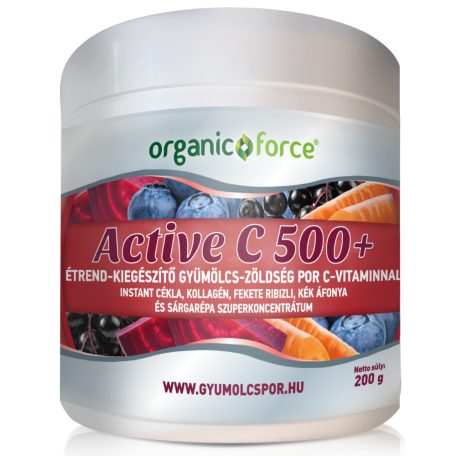 Organic Force Active C 500+ gyümölcs-zöldség szuperkoncentrátum por C-vitaminnal, kollagénnel, 200g