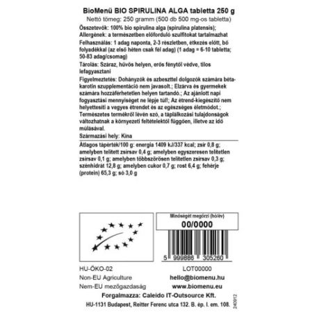 BioMenü BIO Spirulina algatabletta 250g